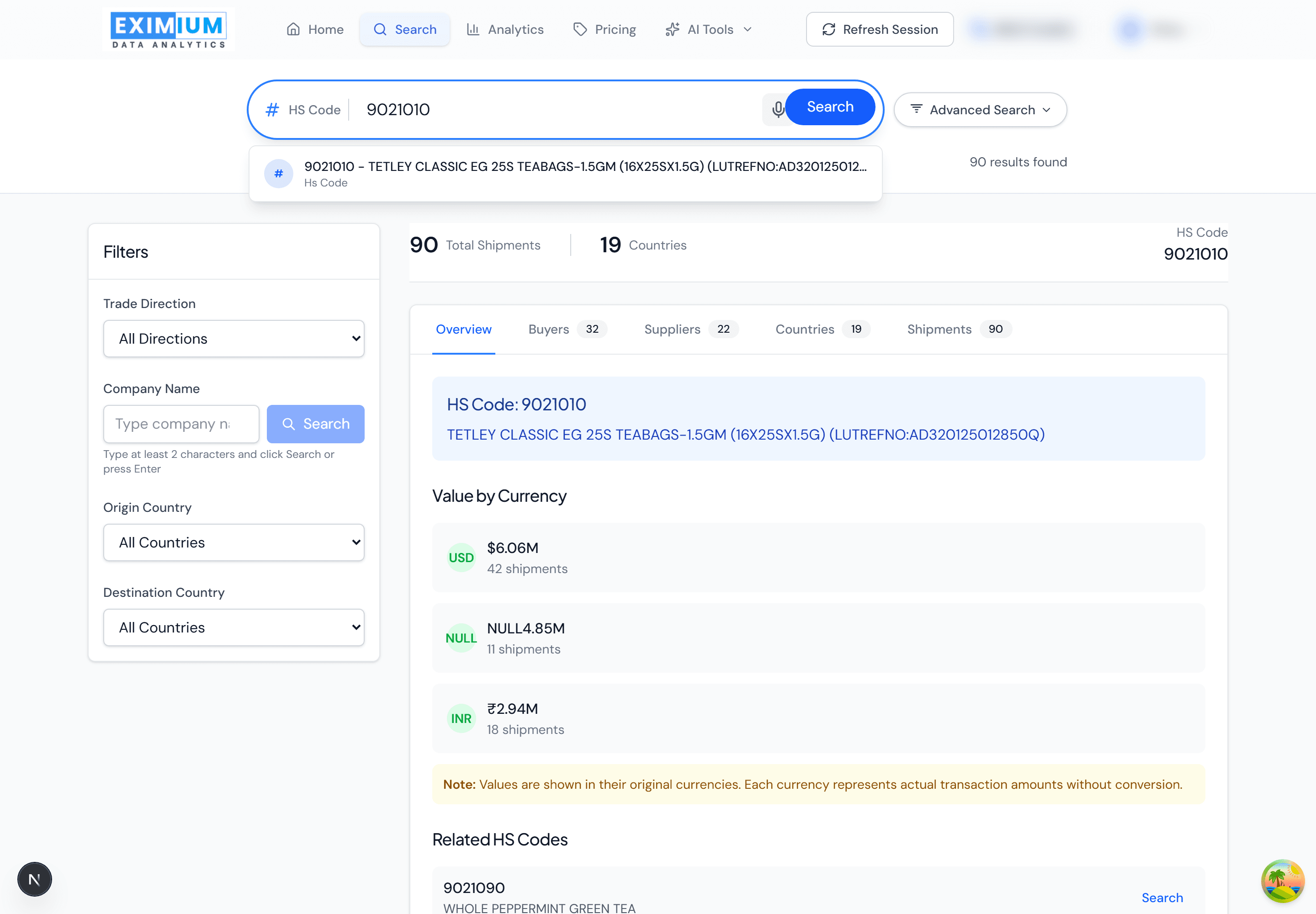 Eximium trade search — live import/export shipment results
